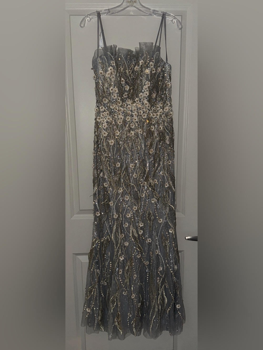 Terani Couture Silver and Gold Embellished Floral Gown